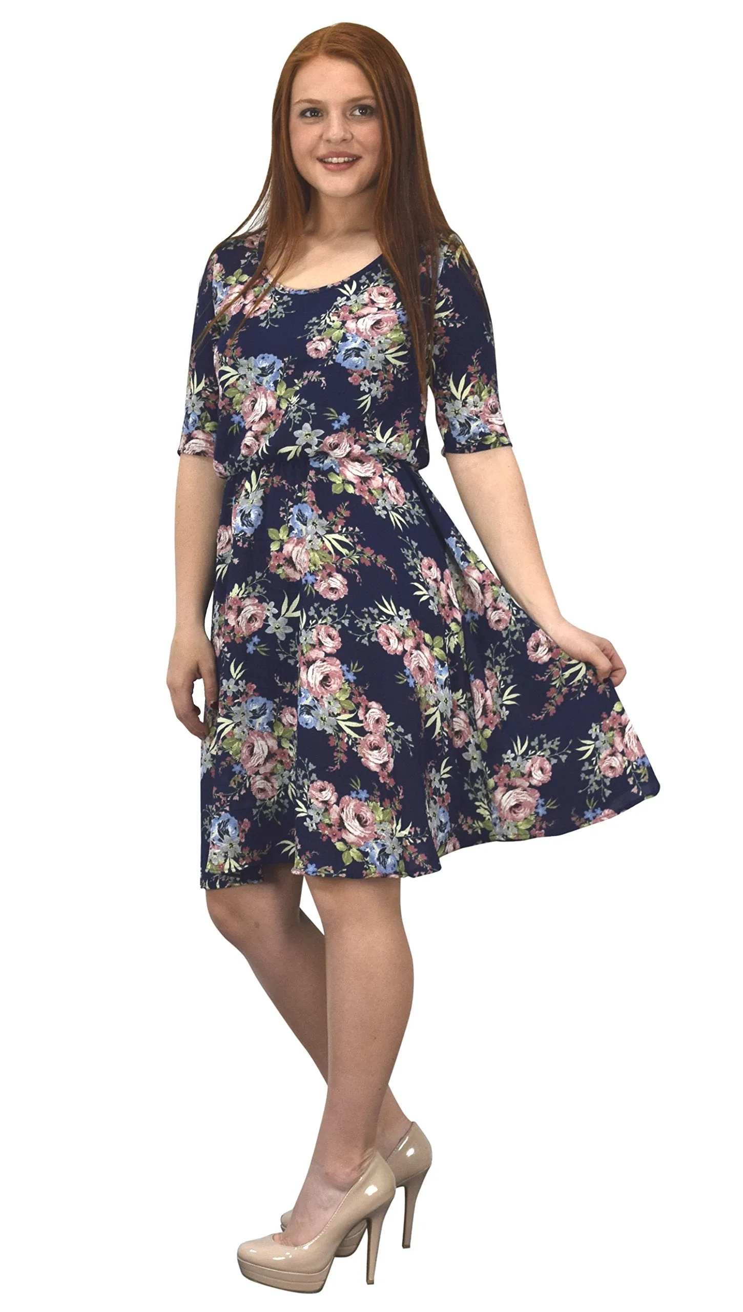 Womens Half Sleeves Rose Floral Print Princess Seam Skater Dress