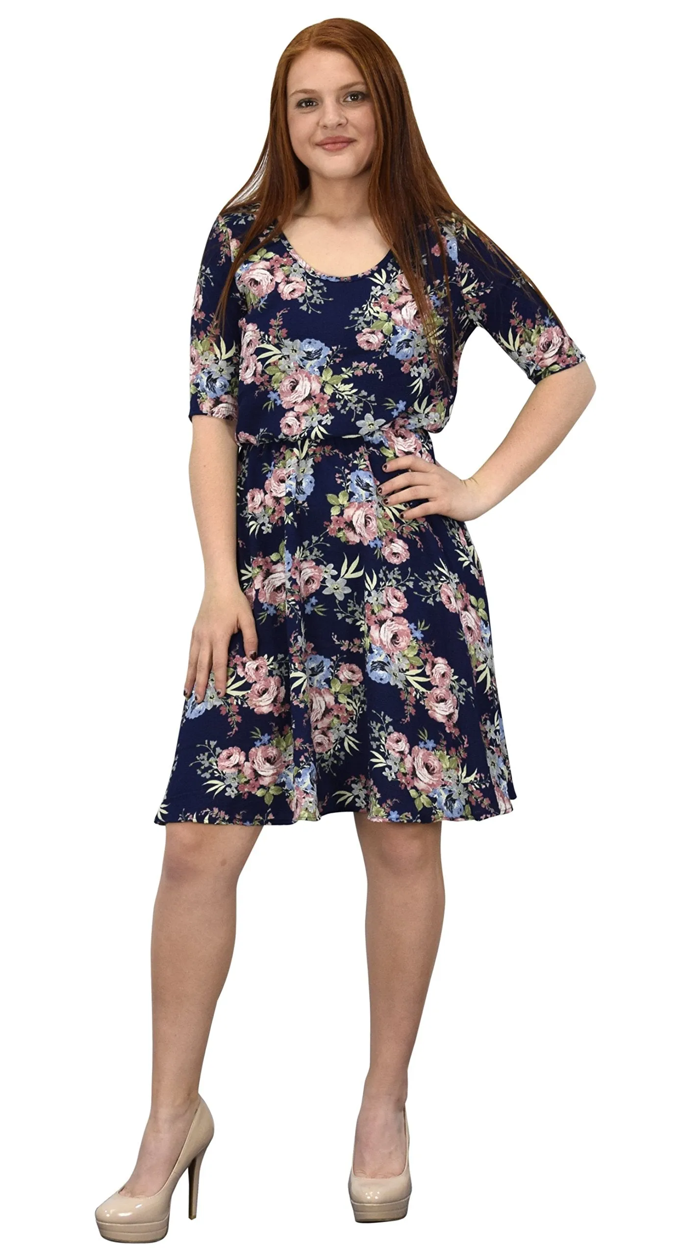 Womens Half Sleeves Rose Floral Print Princess Seam Skater Dress