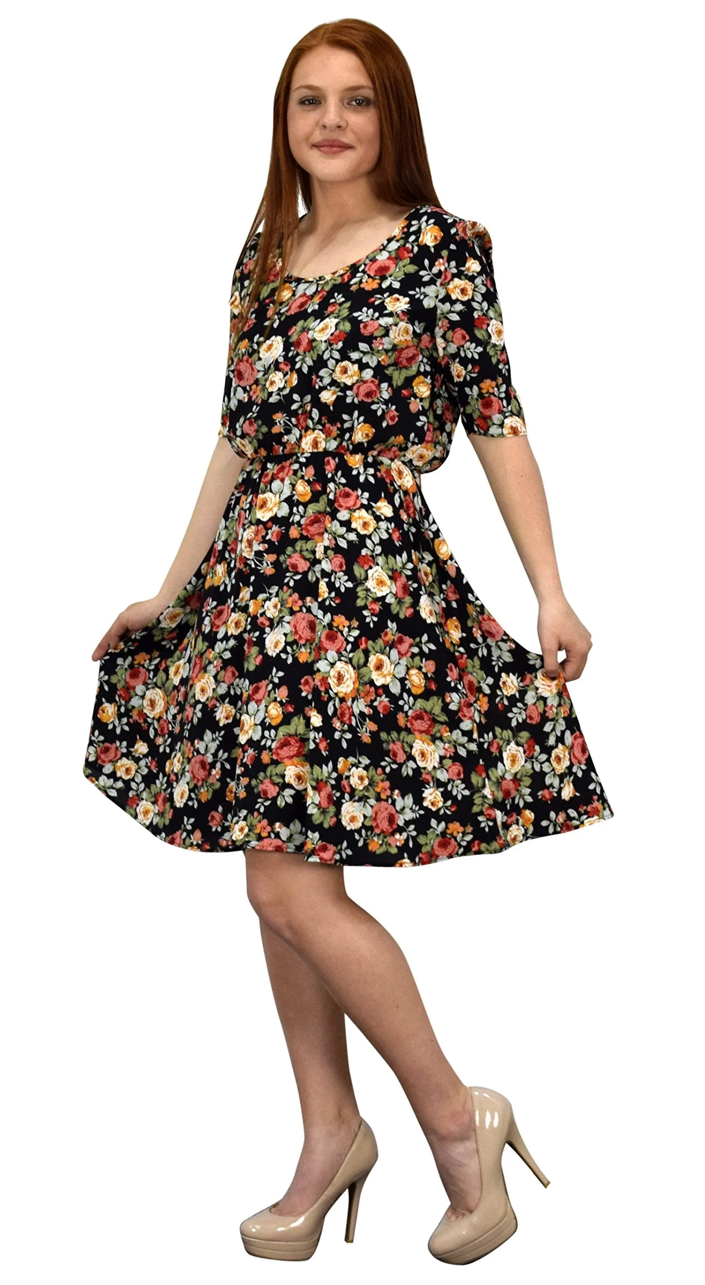 Womens Half Sleeves Rose Floral Print Princess Seam Skater Dress