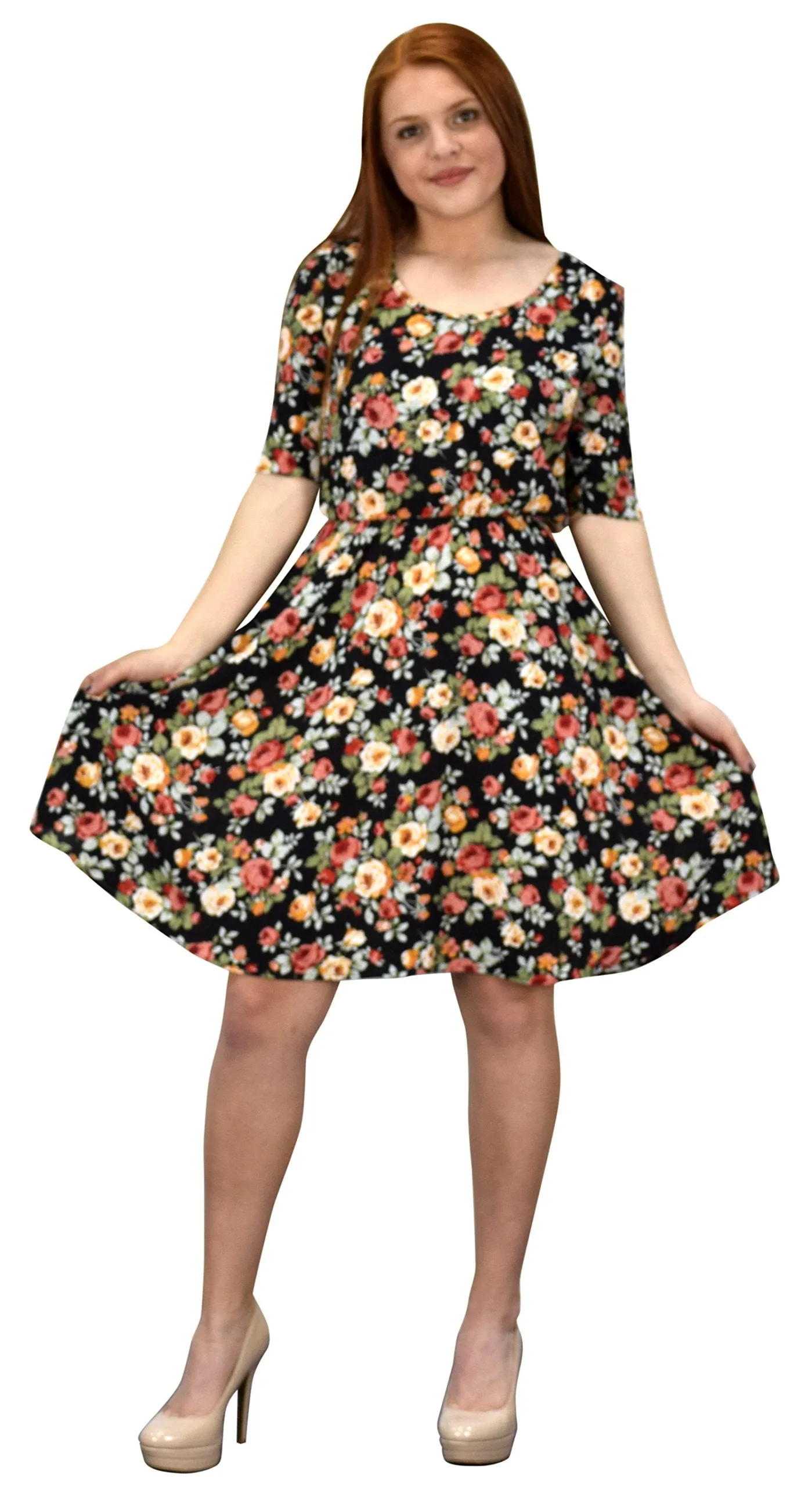 Womens Half Sleeves Rose Floral Print Princess Seam Skater Dress