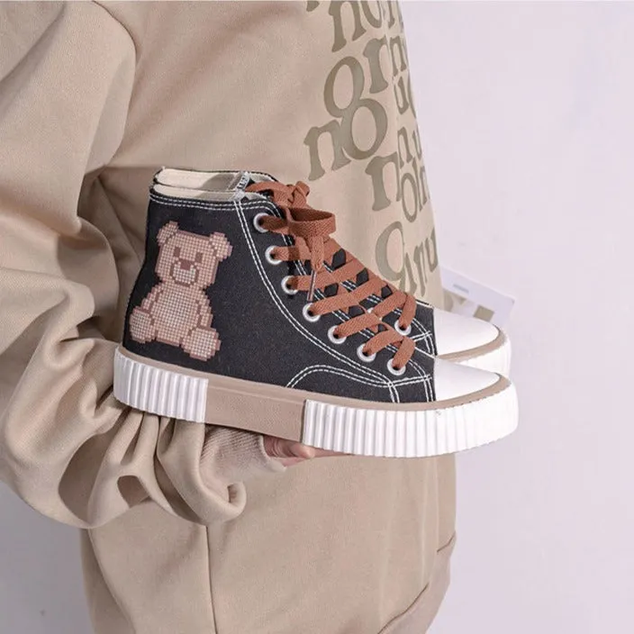 Womens Teenager Cute Bear High Top Canvas