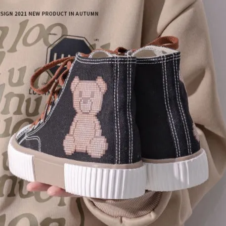 Womens Teenager Cute Bear High Top Canvas