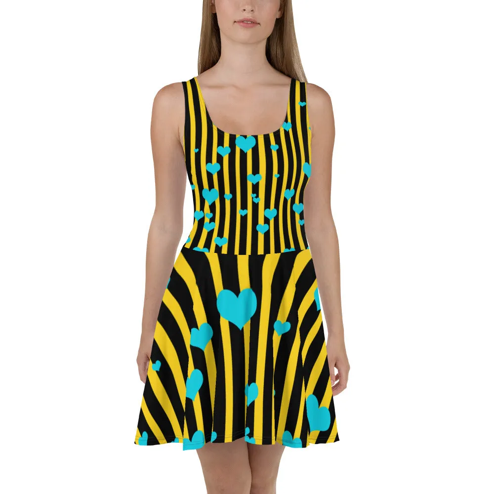 Yellow Black Striped Women's Dress, A-line Long Best Skater Dress - Made in Europe