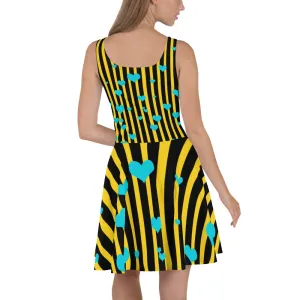 Yellow Black Striped Women's Dress, A-line Long Best Skater Dress - Made in Europe