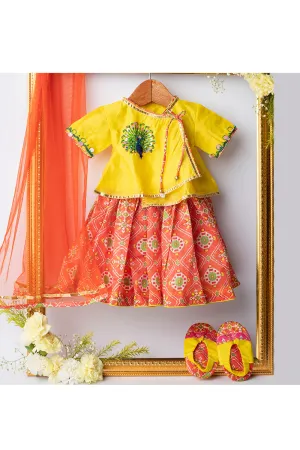 Yellow Peacock Embroidered Top With Bandhani Printed Lehenga Set