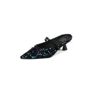 Zahra Sequin Pointed Toe Kitten Heel Mules