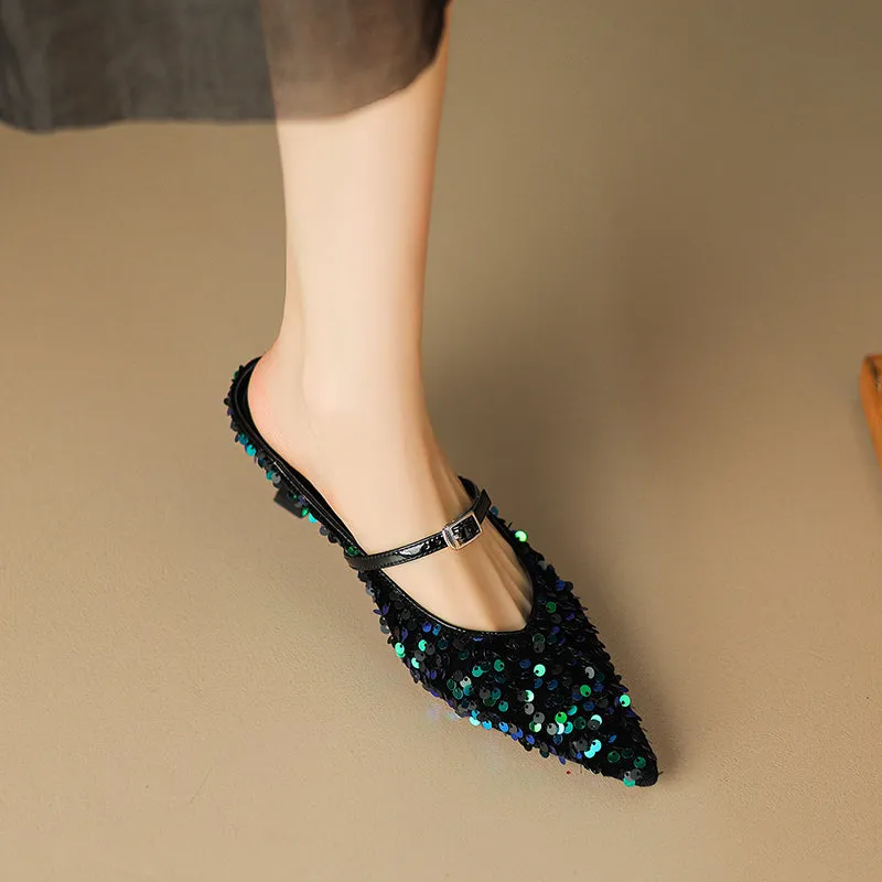 Zahra Sequin Pointed Toe Kitten Heel Mules