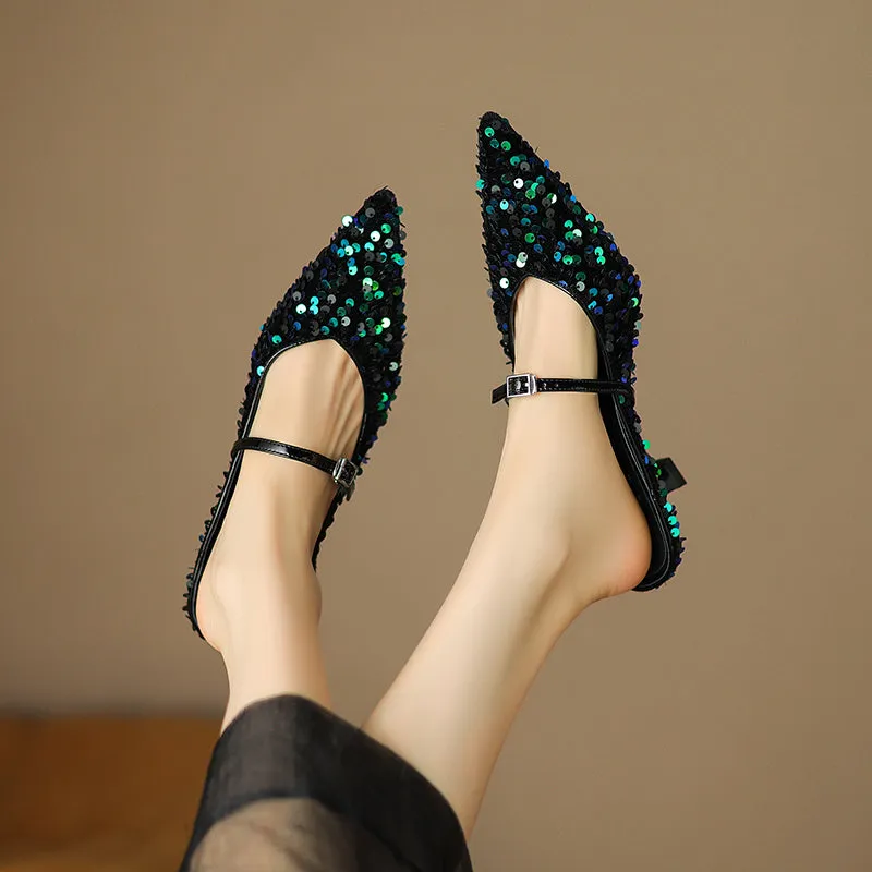 Zahra Sequin Pointed Toe Kitten Heel Mules