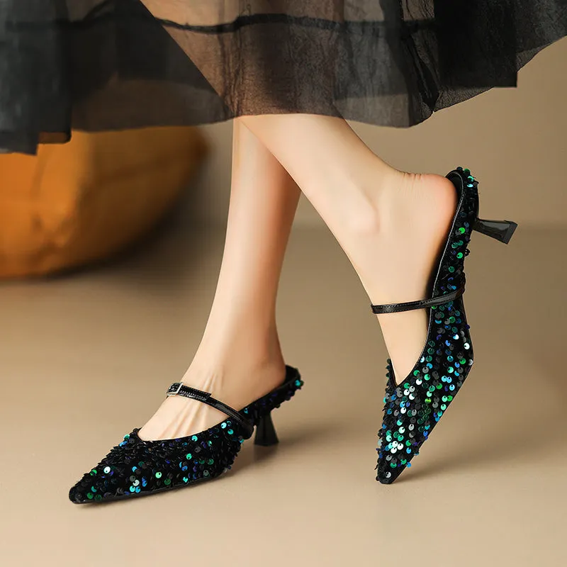 Zahra Sequin Pointed Toe Kitten Heel Mules