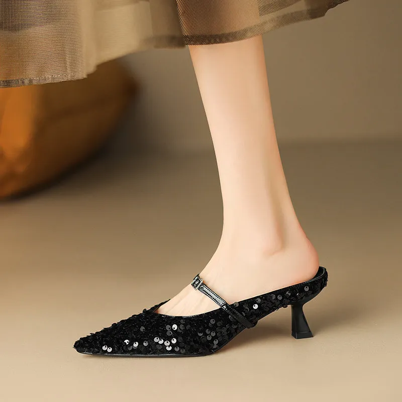 Zahra Sequin Pointed Toe Kitten Heel Mules