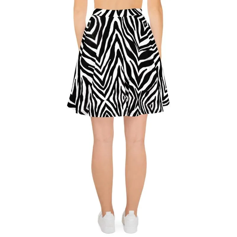 Zebra Women's Skater Skirt, Animal Print Mid-thigh Skirt-Made in USA/EU (US Size: XS-3XL)