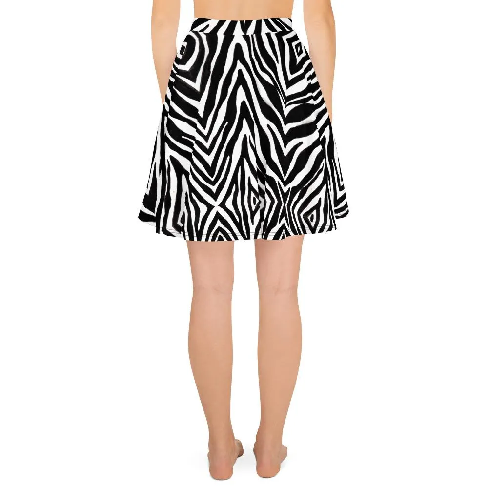 Zebra Women's Skater Skirt, Animal Print Mid-thigh Skirt-Made in USA/EU (US Size: XS-3XL)