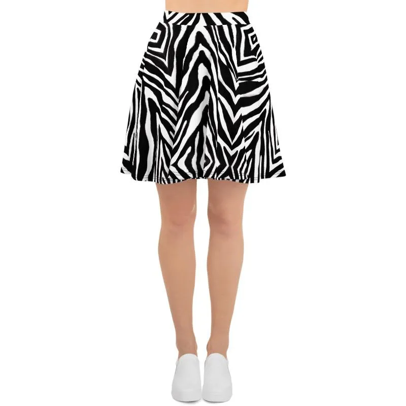 Zebra Women's Skater Skirt, Animal Print Mid-thigh Skirt-Made in USA/EU (US Size: XS-3XL)